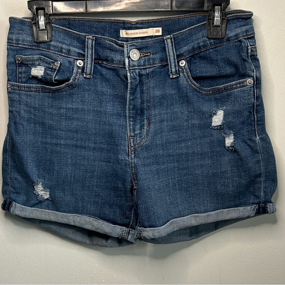 Levi's Distressed Denim Rolled Hem Mid-Length Stretch Jean Shorts